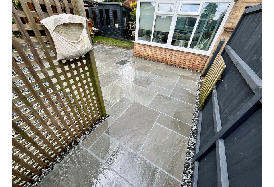 New Patio and Gravel Borders - Sandstone Patio with Gravel edges