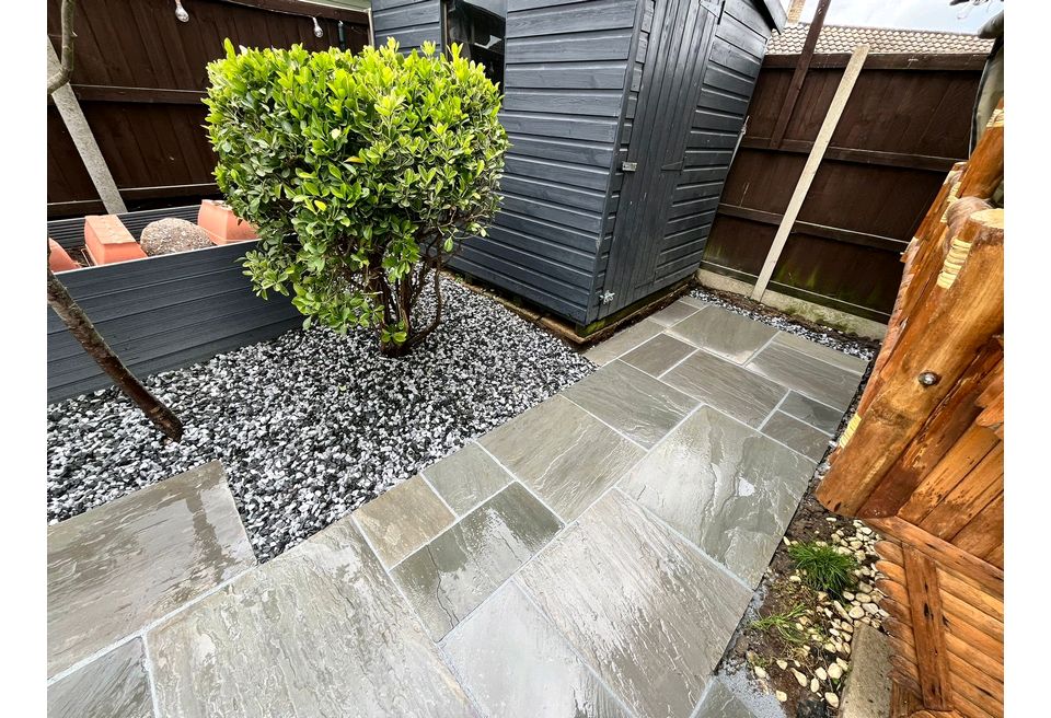 New Patio and Gravel Borders - Sandstone Patio - retaining existing planting