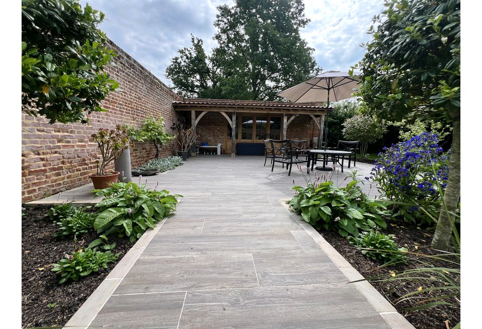 Cottage Garden Gin Terrace - Wymondham  - Porcelain Paving leading to the new Patio