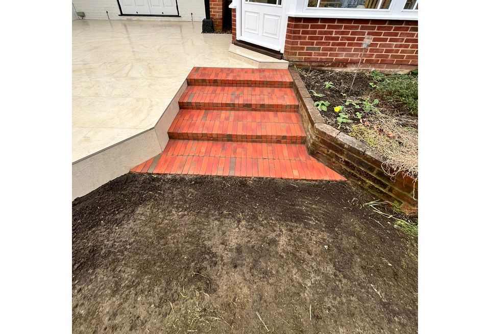 Raised Terrace - Norwich  - New steps created using clay pavers supplied by Londonstone